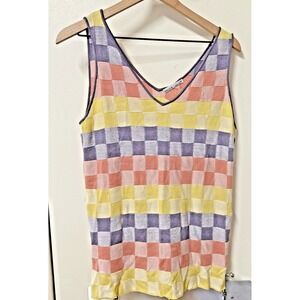 Kaily K Women Size Medium‎ Sleeveless Checkered Multi Combo Trimmed Tank Shirt